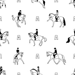 Dressage riders on horseback in the arena, seamless vector patternм