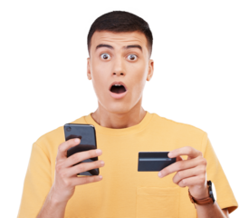 Phone, wow and portrait of man with credit card for online shopping, winning deal and promotion payment. Surprise face, plastic money and smartphone for success isolated on transparent png background