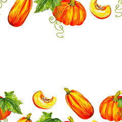 Watercolor autumn border with pumpkins and leaves orange seamless frame	