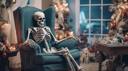 Foto op Canvas Skeleton sitting on a chair with Christmas lights, Generative AI © Dzmitry