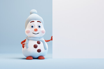 Cute cartoon snowman with banner on blue background. 3d render