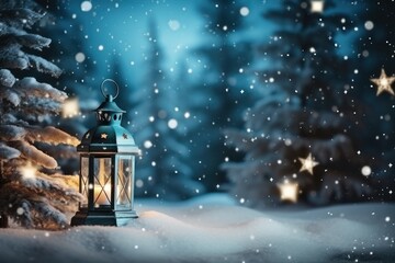 Fototapeta premium Christmas lantern glowing at night closeup, blur snowy forest landscape