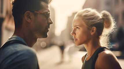 Fototapeta premium Boyfriend and girlfriend are arguing in the city street. Unhappy, sad, annoyed couple and angry at each other after a fight. A woman is stressed, upset and frustrated by her boyfriend after an