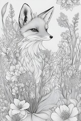 Drawing line for coloring of a beautiful foxes among various flowers.
