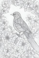 Drawing line for coloring of a beautiful bird among various flowers.