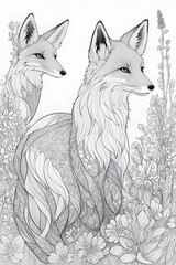 Drawing line for coloring of a beautiful foxes among various flowers.