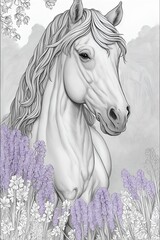 Drawing line for coloring of a beautiful horse among various flowers.