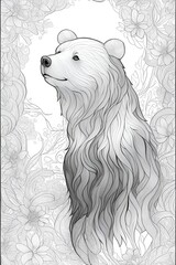A line drawing of a beautiful bear amidst various flowers.