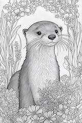 Drawing line for coloring of a beautiful otter among various flowers.