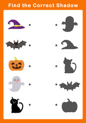 Shadow matching game for kids. Educational game for children with cute halloween illustration. Find the right shadow.