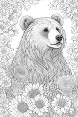 A line drawing of a beautiful bear amidst various flowers.