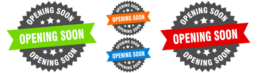 opening soon sign. round ribbon label set. Seal