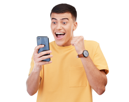 Man, student and winner for phone news, college results or online competition and success, yes or wow. Young person on mobile, education or learning achievement isolated on transparent png background