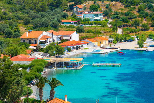 Small fishing village of Posidonio with turquoise blue Aegean sea on Samos island, Greece