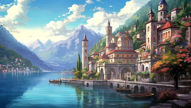 view of an ancient village with a beautiful atmosphere, seamless looping video background animation, cartoon style
