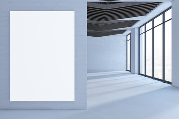 Modern empty spacious concrete interior with blank white mock up banner on walls, windows, city view and daylight. 3D Rendering.