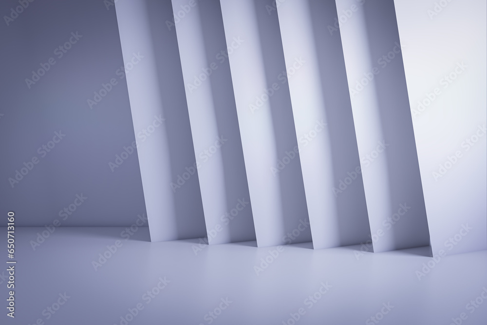 Poster abstract white interior with geometric walls and light. 3d rendering.