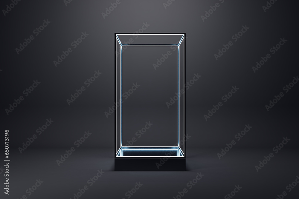 Poster creative clean glass showcase on dark black background. products presentation and purchase concept. 