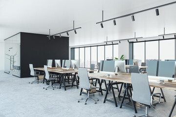 Light glass, wood and concrete office interior with furniture and equipment. Coworking space. 3D Rendering.