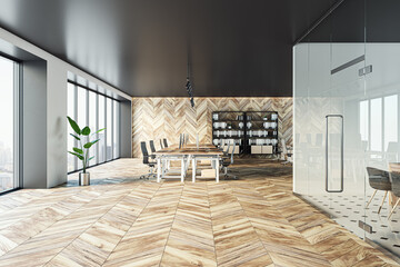 Modern glass and concrete office interior with wooden parquet flooring, furniture and equipment. Coworking space. 3D Rendering.