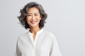 Asian elderly woman in  white blouse isolated on light grey background - obrazy, fototapety, plakaty
