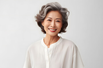 Fototapeta premium Asian elderly woman in white blouse isolated on light grey background