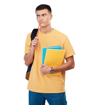 Thinking, education and man with an idea for school, exam or learning knowledge for college. Question, doubt and a male student with a solution for university isolated on a transparent png background