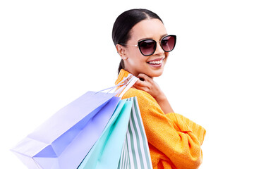 Fashion, shopping and portrait of woman with bag on isolated, png and transparent background. Boutique sale, mall and happy person with sunglasses excited for discount, clothes deal or retail bargain
