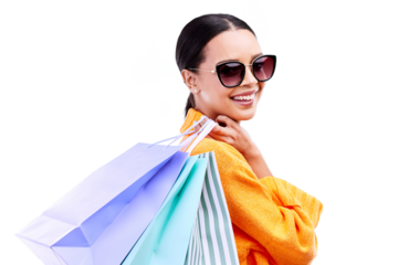 Fashion, shopping and portrait of woman with bag on isolated, png and transparent background. Boutique sale, mall and happy person with sunglasses excited for discount, clothes deal or retail bargain