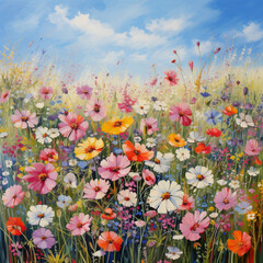 Field of cosmos flower Art style painting
