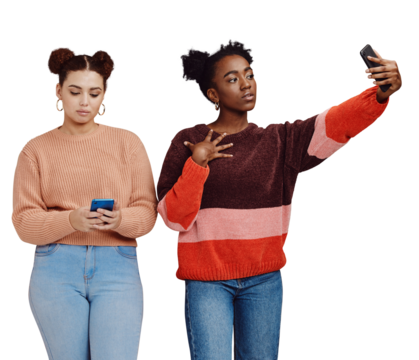 Women, friends and selfie, social media and influencer for trendy live streaming isolated on transparent png background. Diversity people or students with phone or mobile chat and profile picture