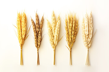 Various types of cereal ears on light ivory background. Concept of cereal production, harvesting and bakery production. Flat lay - Powered by Adobe