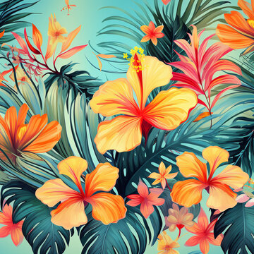 Floral background pattern, tropical leaves and flowers