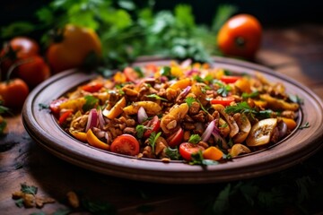 Burdock root salad, mixed with strips of bell peppers and canned chickpeas, on a rustic wooden table with natural lighting