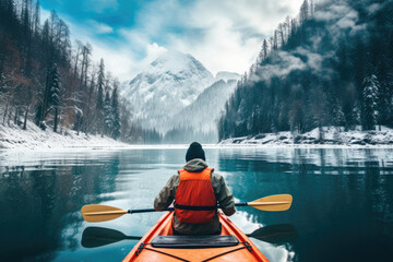 kayak adventure man in a boat on peaceful lake in winter landscape with mountain view - obrazy, fototapety, plakaty