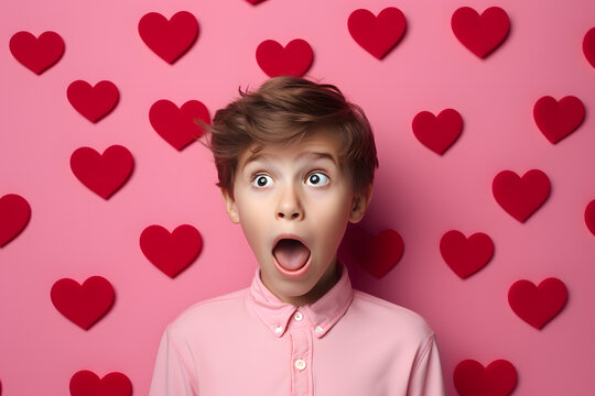 Сute surprised boy with wide open eyes portrait isolated on pank background with red hearts