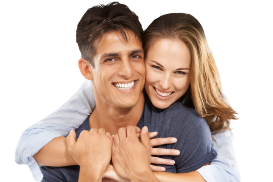 Couple, embrace and happy with love in portrait with smile, hug and hand by together for marriage. Caucasian, man and woman on isolated or a transparent png background for fun, vacation or traveling