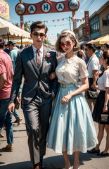 A young beautiful couple from 1950s having fun at a carnival