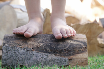 Child feet on wood log, barefoot little girl on tree trunk, countryside lifestyle, concept of...