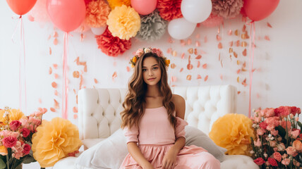 Pretty girl posing on her fifteenth birthday. Quinceañera (Quinceanera) celebration.