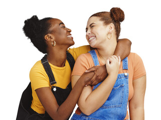 Women, friends and happy with smile, hug and isolated on a transparent png background with hand...