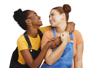 Women, friends and happy with smile, hug and isolated on a transparent png background with hand holding, diverse and joy. Cheerful, touching and love with matching clothes, hairstyles and bonding