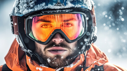 Male snowboarder wearing a helmet and ski googles with reflection of snow-capped Alps. Close up portrait cheerful man on ski vacation. Copy space - obrazy, fototapety, plakaty