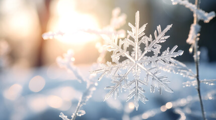 A snowflake glistens in the foreground of a snowy landscape, captured in intricate detail by a skilled photographer's lens.\n\n