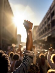 African American people in a crowd fighting and protesting in the street with raised fists against racism and racial discrimination, for change, freedom, justice and equality - Black Lives Matter - obrazy, fototapety, plakaty
