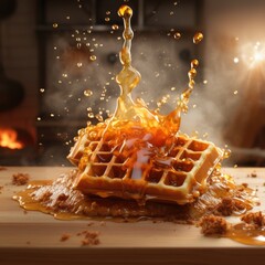 Waffle submerged in syrup with splashes and waves