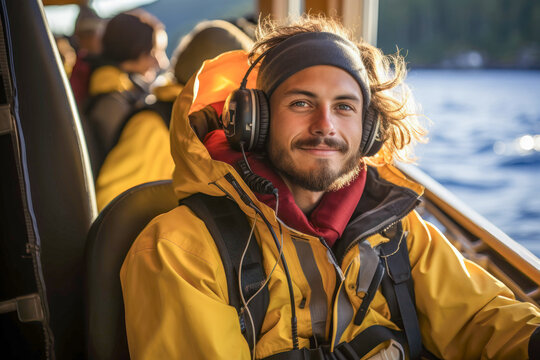 Animal language and communication researcher on a boat recording the cetacean sounds for development of large language AI model, in an effort to unlock the language of marine life.