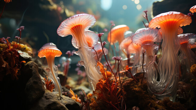 Surreal vibrant color jellyfish gracefully gliding through the underwater wonderland.