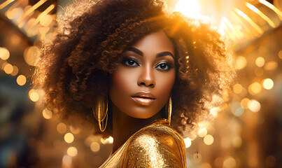 Beautiful black woman in the golden dress - obrazy, fototapety, plakaty