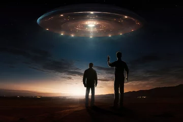 Zelfklevend Fotobehang Man Observing a Metallic UFO's Spectacular Ascent © Andrii 